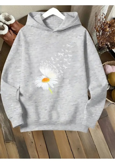 Kışlık Kapüşonlu Sweatshirt, Çocuk Papatya Kelebek Baskılı Gri
