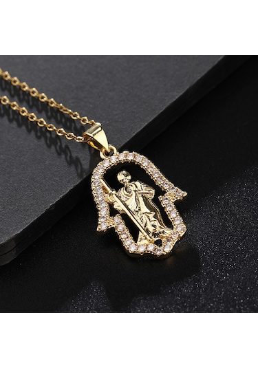 Dini Bakır Mikro Mıhlanmış Renkli Zirkon Taşlı Pandantif, Kadın Takısı, Katolik Meryem Ana Kolyesi M. M. Altın