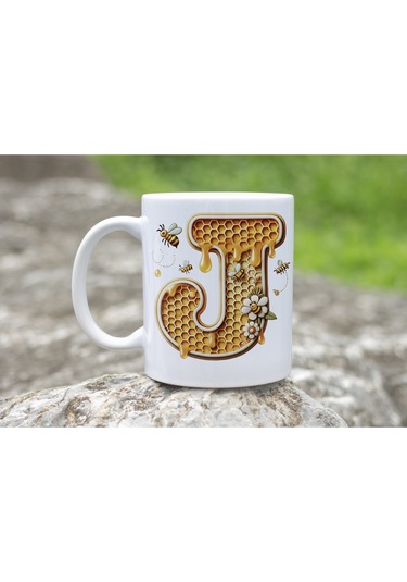 J Harfi Bal Arısı Tasarım Kupa Bardak - Bal Ve Petek Desenli Kişiye Özel Kahve Kupası - Hediyelik Beyaz