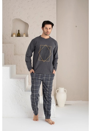 Erkek Ekose Desenli Uzun Kollu Sıfır Yaka Pijama Takımı Süper Rahatlık 001