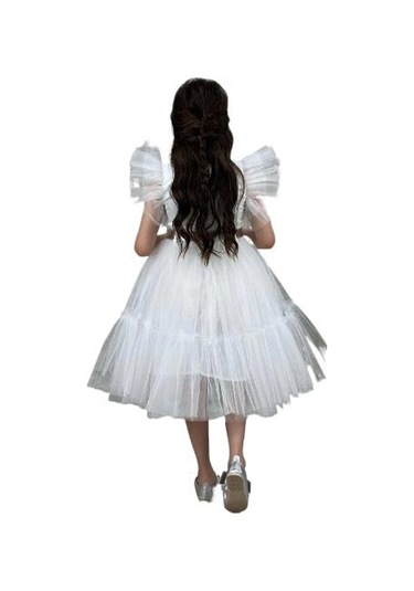 Ricctarz Kız Çocuk Gömlek Yaka Göğsü Ve Kolları Tül Detaylı Wednesday Beyaz Elbise Beyaz