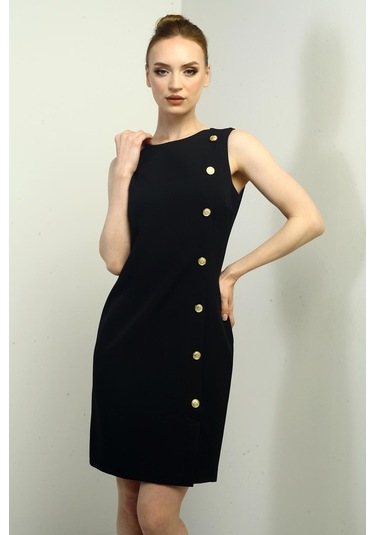 Kadın Kendinden Telalı Yan Düğmeli Kısa Elbise-40772 Siyah