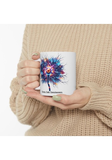 Beyaz Bilim Kupa Bardak - Sinir Hücresi, Dna Ve Kozmos Tasarımlı, Bilim Sever Hediyesi Beyaz