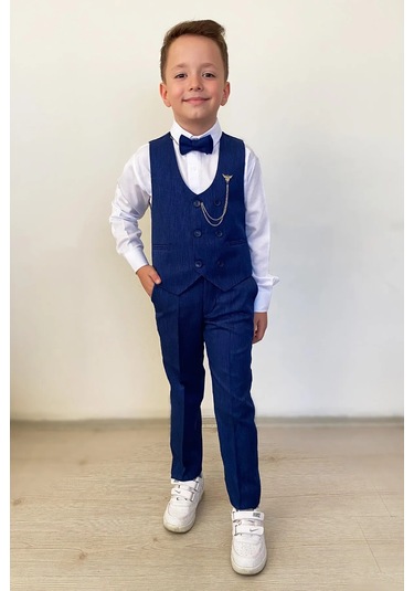 Erkek Çocuk Takım Elbise Papyonlu Yelekli Takım Elbise Saks Mavi
