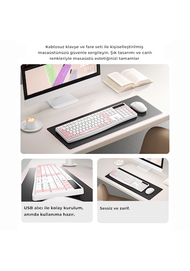Kablosuz Klavye Mouse Seti Kedi Temalı Sessiz Pembe Beyaz Retro Tablet Laptop Pc Uyumlu Optik