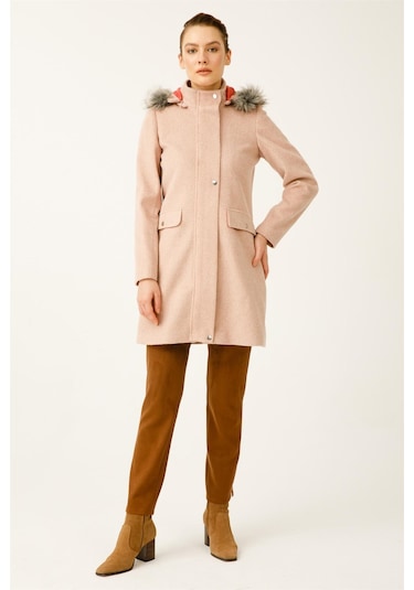 Yün Kumaş Fermuar Kapamalı Kapişonlu Kaban Pudra-pudra Pudra