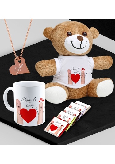 Kişiye Özel Sevgili Peluş Ayı Kupa Madlen Çikolata Ve Rose Kalp Kolye Set - 88