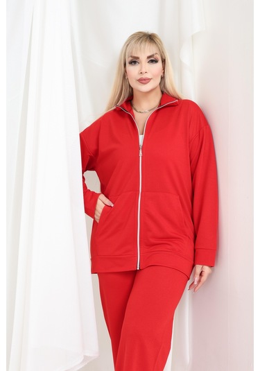 Kadın Büyük Beden Fermuarlı Uzun Kollu Rahat Günlük Eşofman Takım Kırmızı