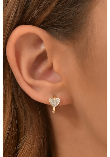 Moom Mücevherat Kadın 14 Ayar Altın Küpe Minimalist Zirkon Taşlı Kalp Temalı Halka Altın Küpe 12 Mm