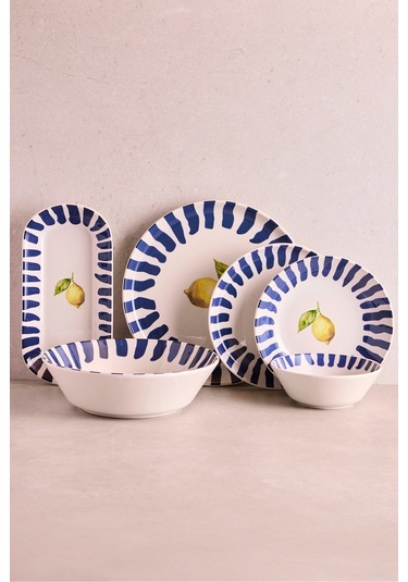 Limone Blu 27 Parça 6 Kişilik Seramik Yemek Takımı Limon Desenli Mavi Çizgili Sunum Seti Cokrenklı Çok Renkli