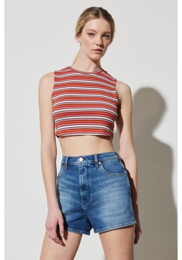 Regular Fit Normal Kesim Bisiklet Yaka Kolsuz Çizgili Crop Bluz Renkli