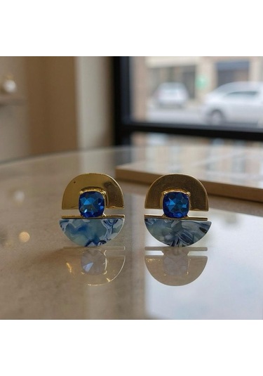 Mavi Taş Detaylı Geometrik Tasarım Küpe Çok Renkli