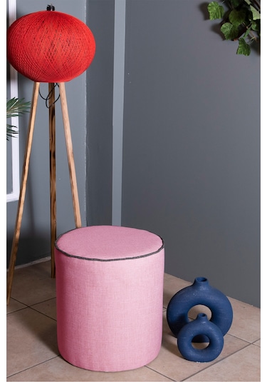 VALERİA PEMBE KETEN KUMAŞ YUVARLAK PUFF &BENCH&KOLTUK&TABURE&POFUDUKYATAK ODASI PUF MODELLERİ