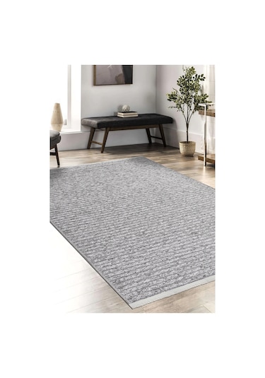 Lidya Bukle Gri Çizgili Halı Kaydırmaz, Kadife Hissi, Kolay Temizlik, Antibakteriyel, Modern Gri