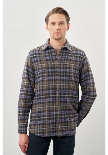 Koyu Antrasit Yünlü Ekose Desen Yumuşak Yaka Cepsiz Uzun Kol Casual Comfort Fit Gömlek 1004245227 Koyu Antrasit