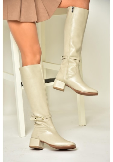 Fox Shoes T590142609 Bej Kalın Topuklu Kadın Çizme Bej