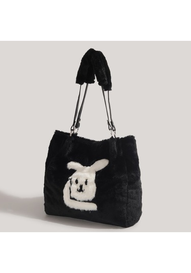 Charhp&kejnt Sonbahar Ve Kış Peluş Çanta Tasarımı Elde Taşınabilen Tüylü Tavşan Tote Çanta Siyah