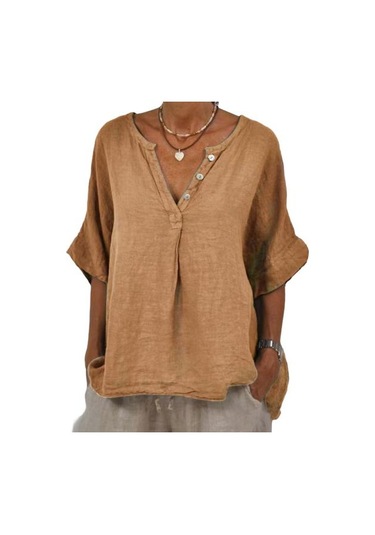 Pamuk Keten Kadın Gömlek V Yaka Düğmeli Yarım Patlet Yarım Kol Nefes Alabilir Bol Kamel