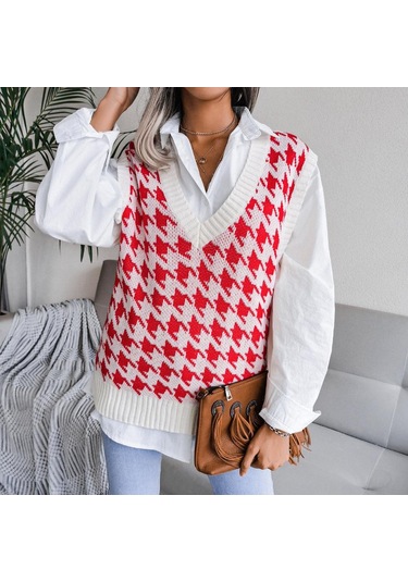 Kazak Yelek Kadın V Boyun Örme Yelek Streetwear Sonbahar Kış Vintage Giyim Rahat Gevşek Kolsuz Kazak Kırmızı