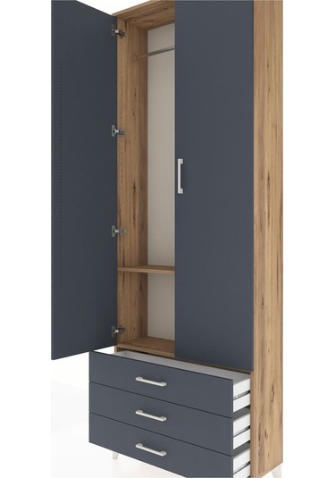 Arges Dolap 2 Raflı 3 Çekmeceli Tek Askılı 88x30x243 Çam-antr... Çam
