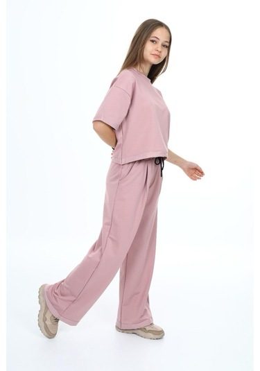 Kız Çocuk %100 Pamuk Oversize Yarım Kol Alt-üst Eşofman Takım-eşt-0012 Pudra