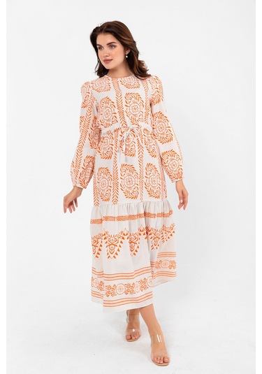İnce Yaprak Dalı Desenli Yazlık Baharlık Keten Elbise 2102 Turuncu