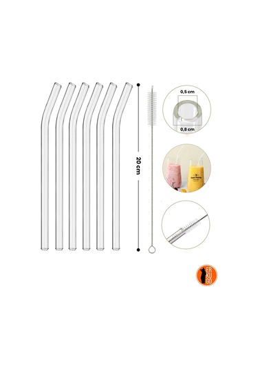 6 Adet Kalın Ve Büyük Boy Cam Pipet, Temizleme Fırçası Hediyeli Eğimli Şeffaf Pipet Seti