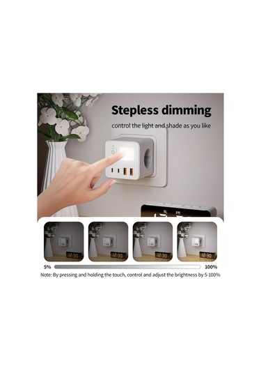 Motion003 8'li 1 Eu Güç Çubuğu Siyah 3 Usb 2 Tip-c Girişi Gece Işığı Kompakt Tasarım