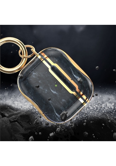 Mermer Doku Galvanik Çerçeve Kulaklık Koruyucu Kılıf Airpods Uyumlu 3 İçin Kanca İle Mor + Gümüş