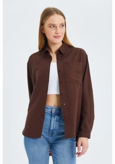 9942 Kadın Oxford Uzun Kol Basic Gömlek Kahve Kahve