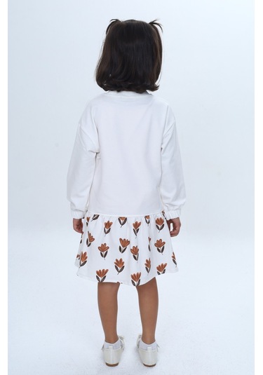 Toontoy Kız Çocuk Süzene Nakışlı Lale Baskılı Elbise Ekru