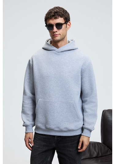 AMOS Erkek Yumuşak Kumaşlı 3 İplik Oversize Kapüşonlu Kanguru Cepli Grimelanj Sweatshirt