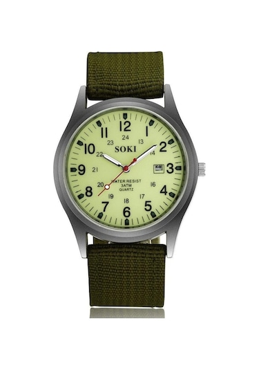 Novahub Şık Erkek Askeri Saat Rahat Naylon Saat Kayışı Kuvars Saat Kayışı Takvim Ekranı Gümüş & Yeşil 4 Çok Renkli