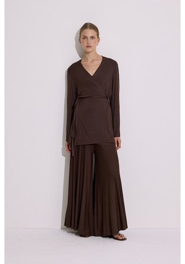 Bağlamalı Dökümlü Kimono Kahverengi Kahverengi