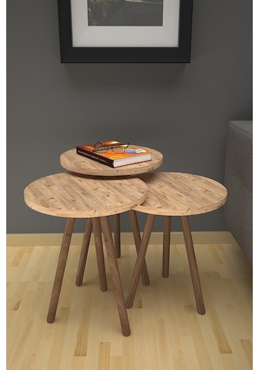 Fahrettin Küçük Zigon Sehpa Ahşap Ayaklı Çam 3'lü Yuvarlak Zigon Çam 33 x 33 Atlantik Çam