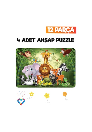 Ahşap Çocuk Puzzle 12 Parça 4 Adet