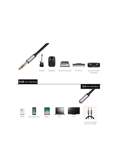 Sones 3662a 6,35 Mm Erkek - 3,5 Mm Dişi Ses Adaptör Kablosu, Uzunluk: 3 M