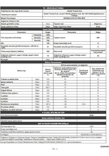 Vestel NFK64012 EX GI PRO WIFI No-Frost Kombi Tipi Buzdolabı