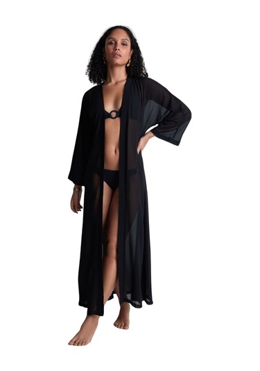Aubade Beach Walk Kimono, Uzun Kollu, Derin Dekolteli, Hafif Plaj Üstlüğü Siyah