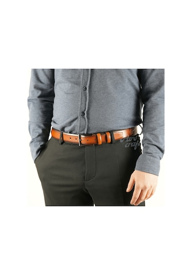 Hakiki Erkek Deri Kemer 3,5 Cm Taba Klasik Kumaş Pantolon Kemeri Taba