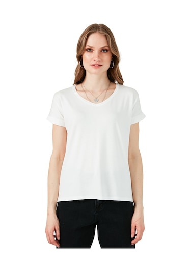 Lela V Yaka Rahat Kesim Yırtmaçlı Bayan Bluz 5862000 Ekru