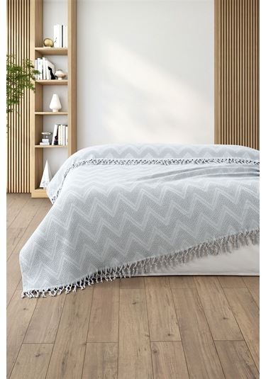 %100 Pamuk Çift Kişilik Bağlama Saçaklı Pike-220x240 Cm-gri Grı Gri