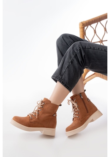 02-2003 Taba Süet Bağcıklı Fermuarlı Günlük Kadın Bot Taba