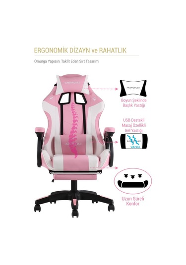 Fashcolle Dynamic Pink Masajlı Oyuncu Koltuğu Pembe