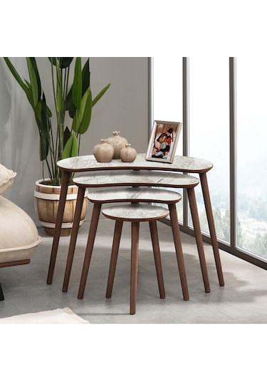 Vovvahome Moon 4lü Dörtlü Mdf Ahşap Zigon Sehpa - Beyaz Mermer