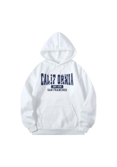 Califor Ornia 1776 Sweatshirt - Beyaz Baskılı Oversize Kışlık Kalın Kapüşonlu Beyaz