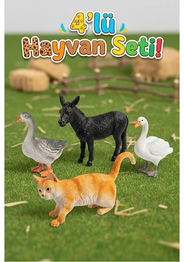 4'lü Çiftlik Hayvanları Figür Seti - Eğitici Oyuncak Hayvanlar Eşek, Kedi, Kaz, Ördek Hayvanlar