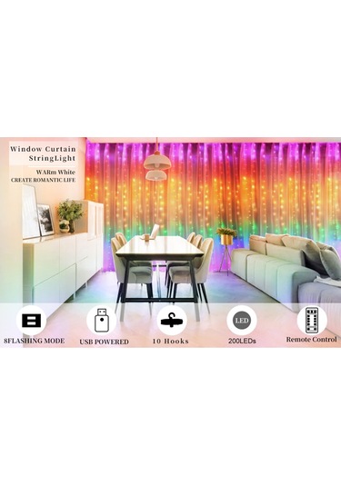 Perde Işıkları 9.8x6.5ft 200 Led Usb İle Çalışan Uzaktan Kumandalı Peri Işıkları Asılı Parıltılı Işıklar İç Mekan Dış Mekan Yatak Odası Pencere Düğün Parti Dekorasyonu İçin Çok Renkli Çok Renkli