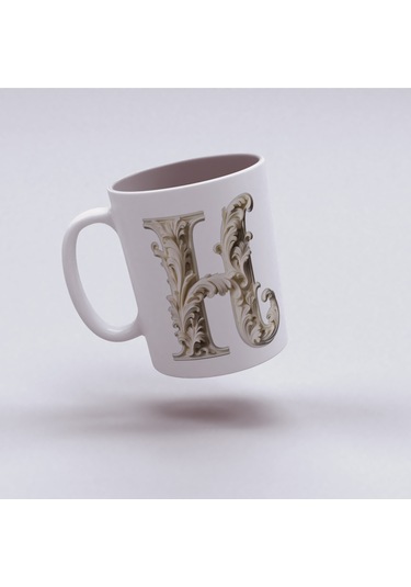 H Harfi Bardak, Monogram 330 Ml Barok Oymalı Görünüm Beyaz