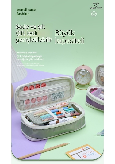 Basit Çift Katmanlı Geri Çekilebilir Büyük Kapasiteli Kalem Kutusu Yeşil